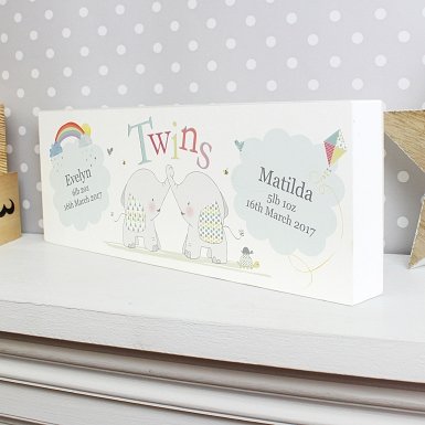 Personalised Hessian Elephant Twins Mantel Block