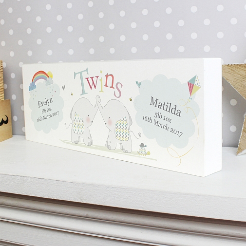 Personalised Hessian Elephant Twins Mantel Block