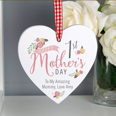 Personalised Floral Bouquet 1st Mother's Day Wooden Heart Decoration