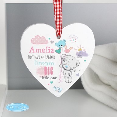 Personalised Tiny Tatty Teddy Dream Big Pink Wooden Heart Decoration