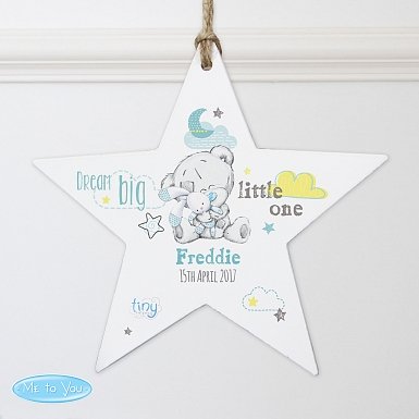 Personalised Tiny Tatty Teddy Dream Big Blue Wooden Star Decoration