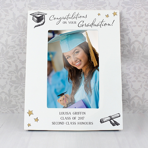 Personalised Gold Star Graduation 6x4 White Wooden Photo Frame