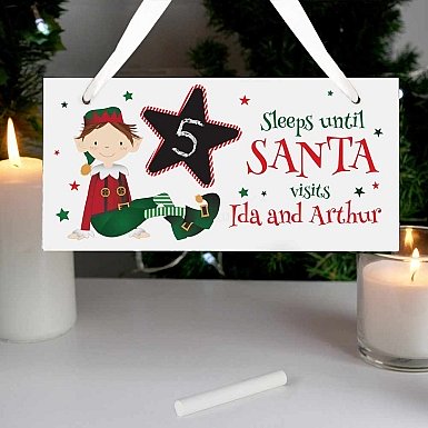 Personalised Elf Christmas Chalk Countdown Wooden Sign