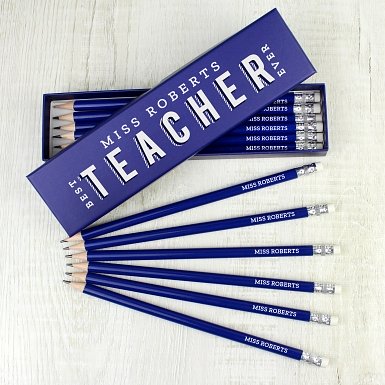 Personalised Best Teacher Ever Box and 12 Blue HB Pencils