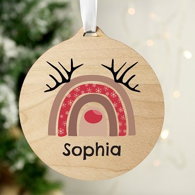 Personalised Rainbow Reindeer Round Wooden Decoration