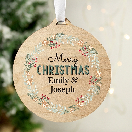 Personalised Wreath Round Wooden Decoration