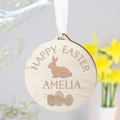 Personalised Easter Bunny Round Wooden Decoration