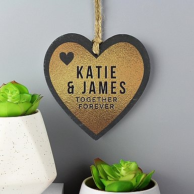 Personalised Couples Gold Printed Slate Heart Decoration