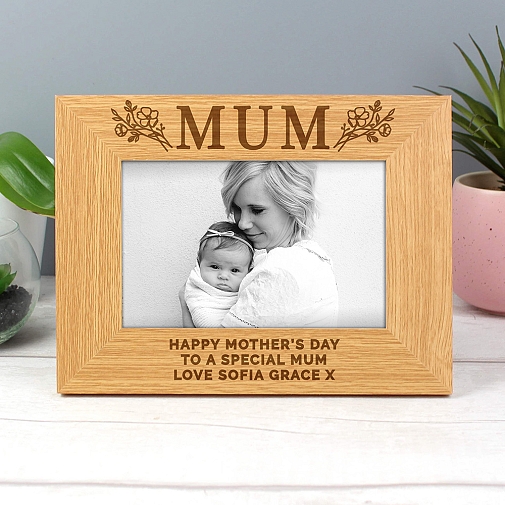 Personalised Floral Mum 4x6 Oak Finish Photo Frame