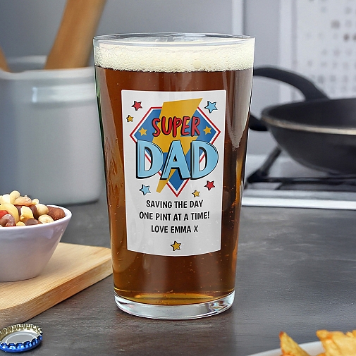 Personalised Super Dad Printed Beer Glass