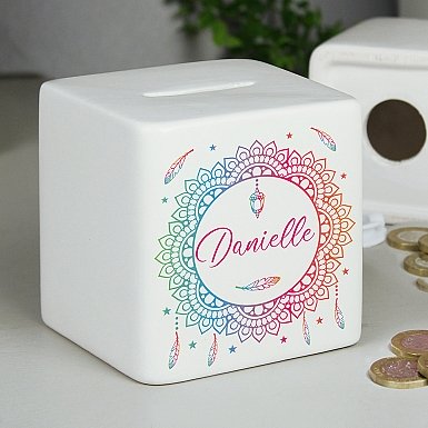 Personalised Dreamcatcher Ceramic Square Money Box