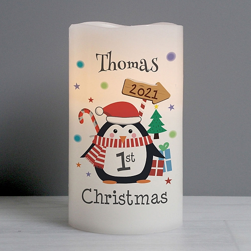 Personalised 1st Christmas Penguin LED Candle