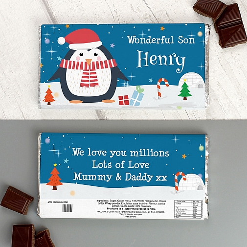 Personalised Christmas Penguin Milk Chocolate Bar