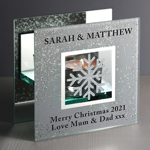 Personalised Snowflake Silver Glitter Tea Light Holder