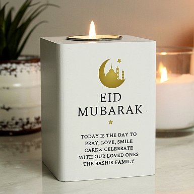 Personalised Eid White Wooden Tea light Holder