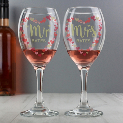 Personalised Mr and Mrs Confetti Hearts Pair of Wine Glasses Delivery to UK